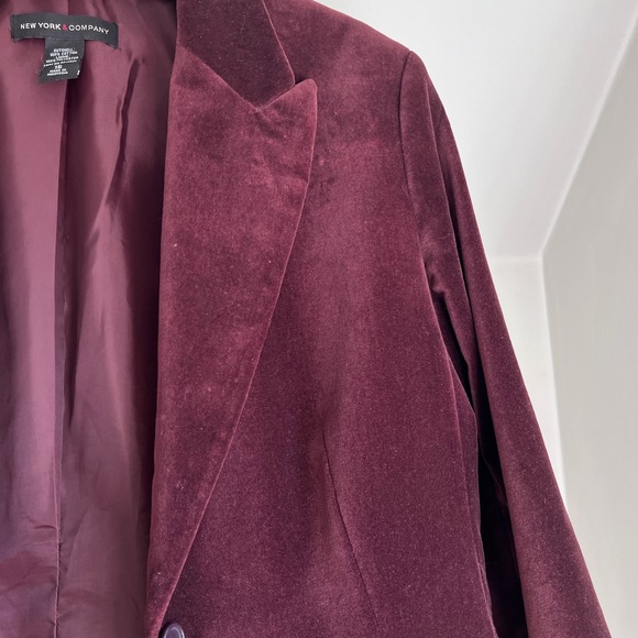 New York & Company Velvet Blazer 16 Burgundy Red Wine Button Front Cotton Jacket - Picture 4 of 8